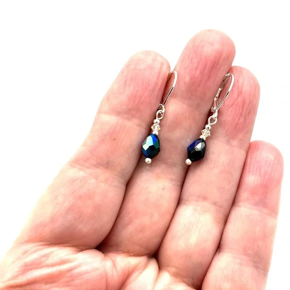 Hand Crafted Blue Crystal and Silver Teardrop Earrings - Picture 4 of 5